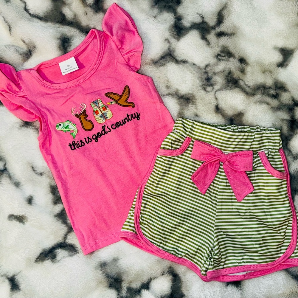 Girls Pink Flutter Sleeve Top & Green Striped Shorts Matching Set